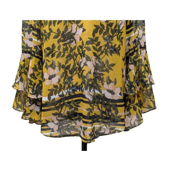 CABI Blouse Sm Yellow Green Floral Layered Flare Sleeves Boho - Picture 4 of 11
